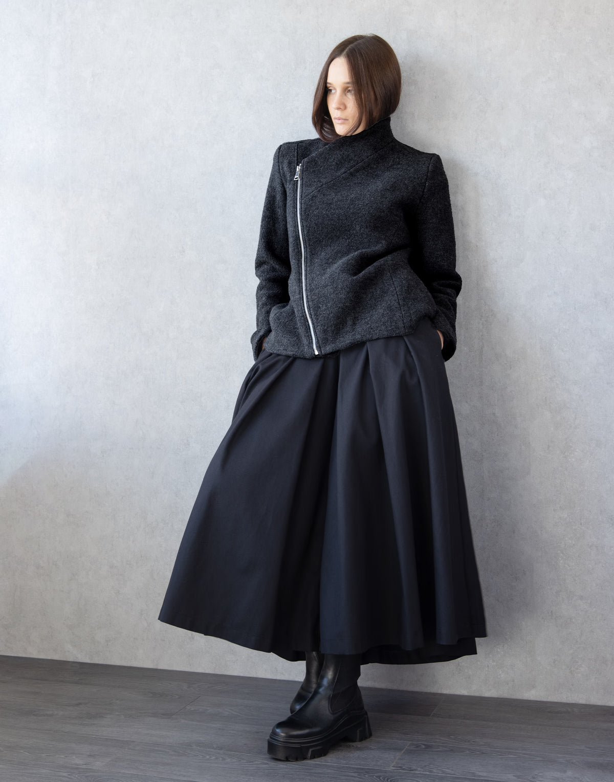 Black Wool Jacket with Asymmetric Zip – Cropped Coat in Virgin Wool by Jana Coshe