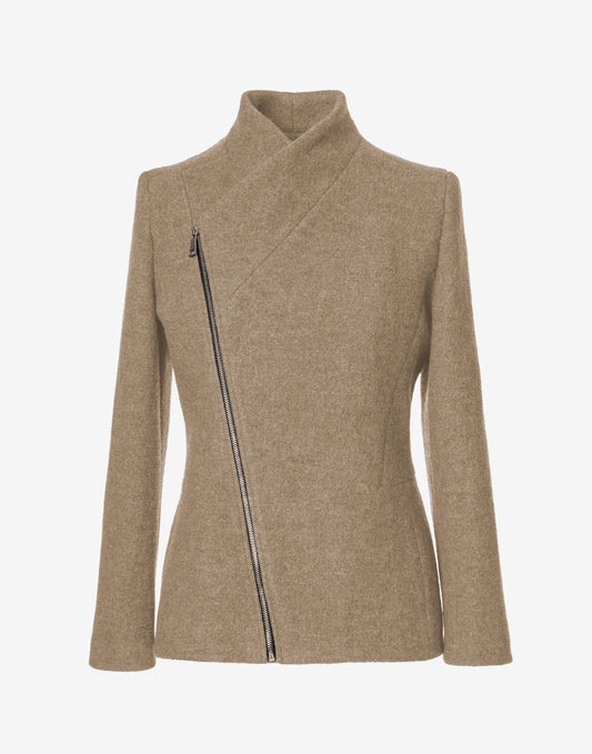 Brown Wool Jacket with Asymmetric Zip – Cropped Coat in Virgin Wool by Jana Coshe