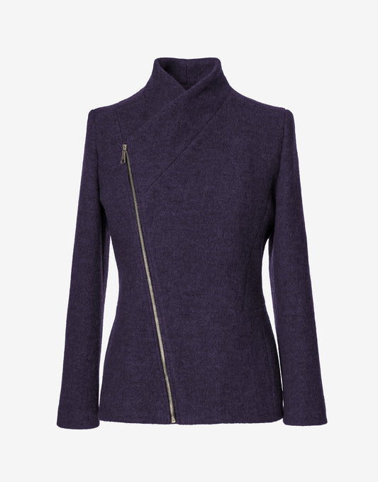 Purple Wool Jacket with Asymmetric Zip – Cropped Coat in Virgin Wool by Jana Coshe