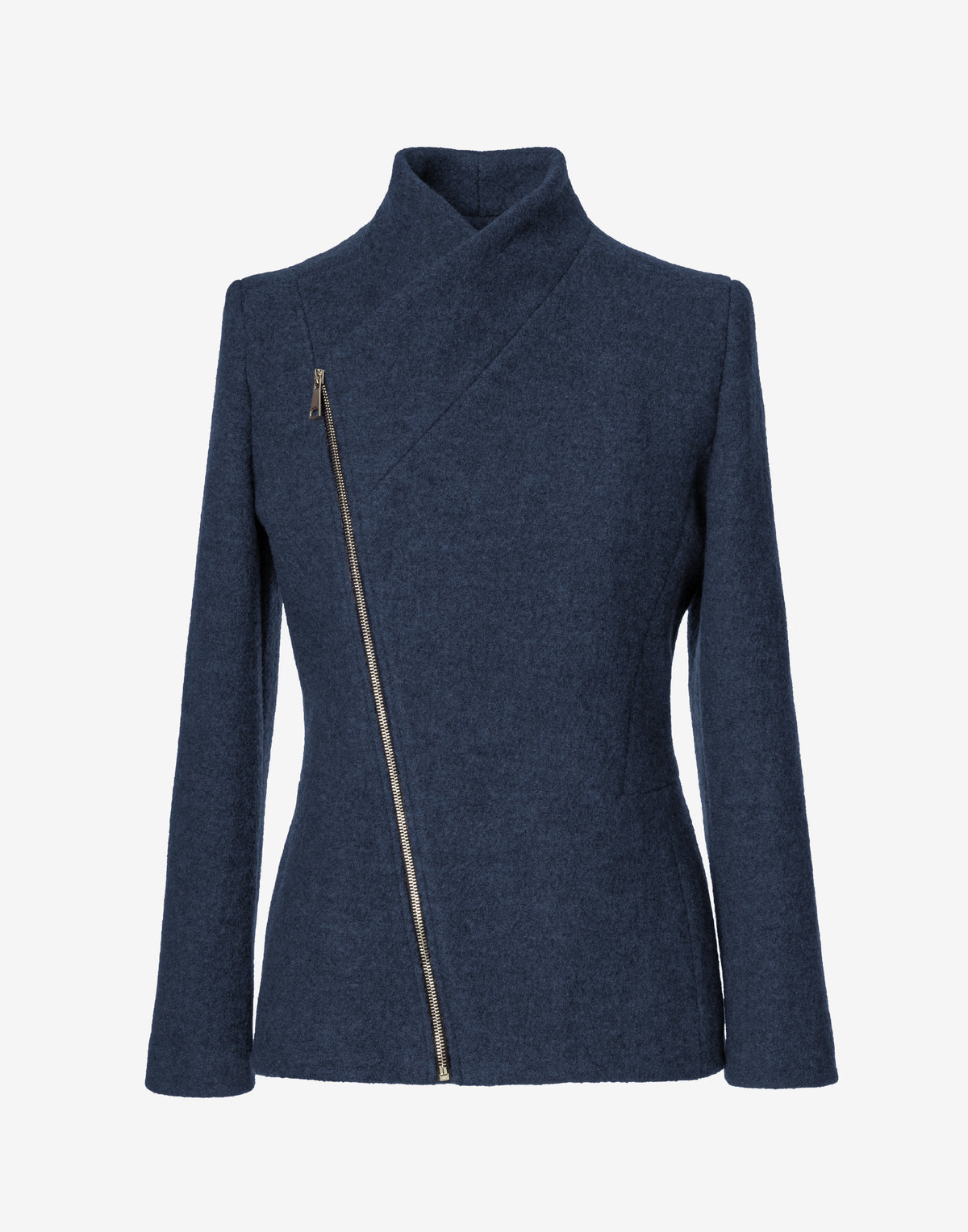 Petrol Wool Jacket with Asymmetric Zip – Cropped Coat in Virgin Wool by Jana Coshe