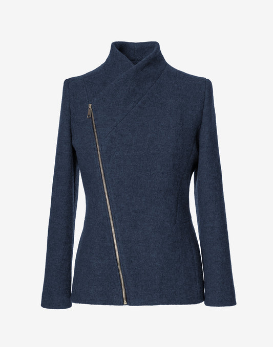 Petrol Wool Jacket with Asymmetric Zip – Cropped Coat in Virgin Wool by Jana Coshe
