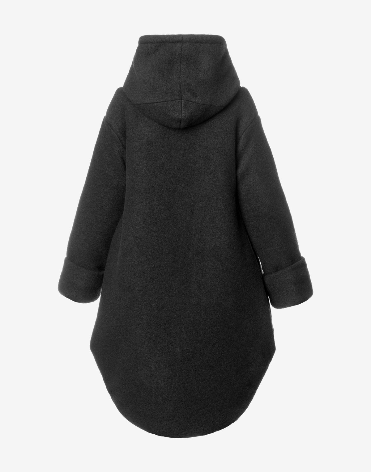 Black architectural hooded coat with longer rounded back – back view