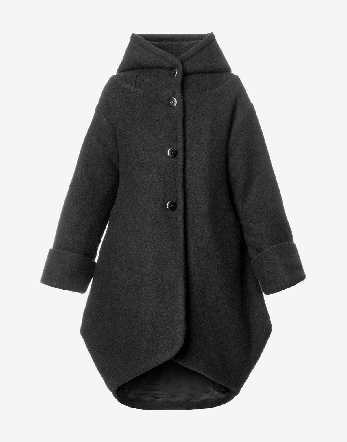 Black oversized hooded coat with sculptural rounded hem – front view