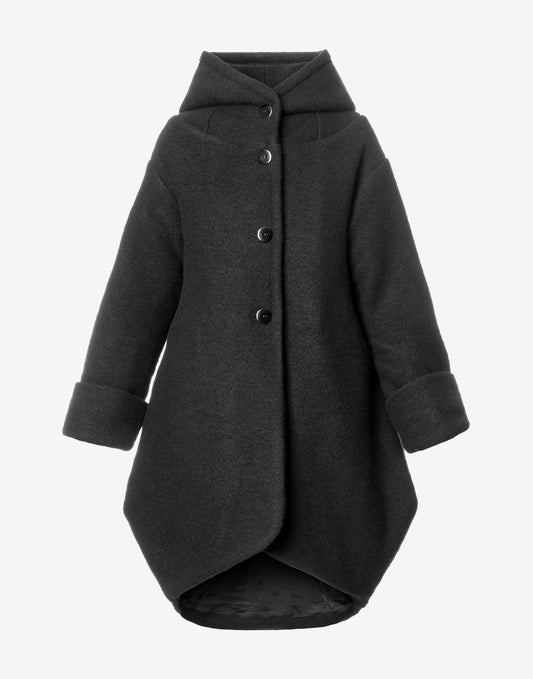Black oversized hooded coat with sculptural rounded hem – front view