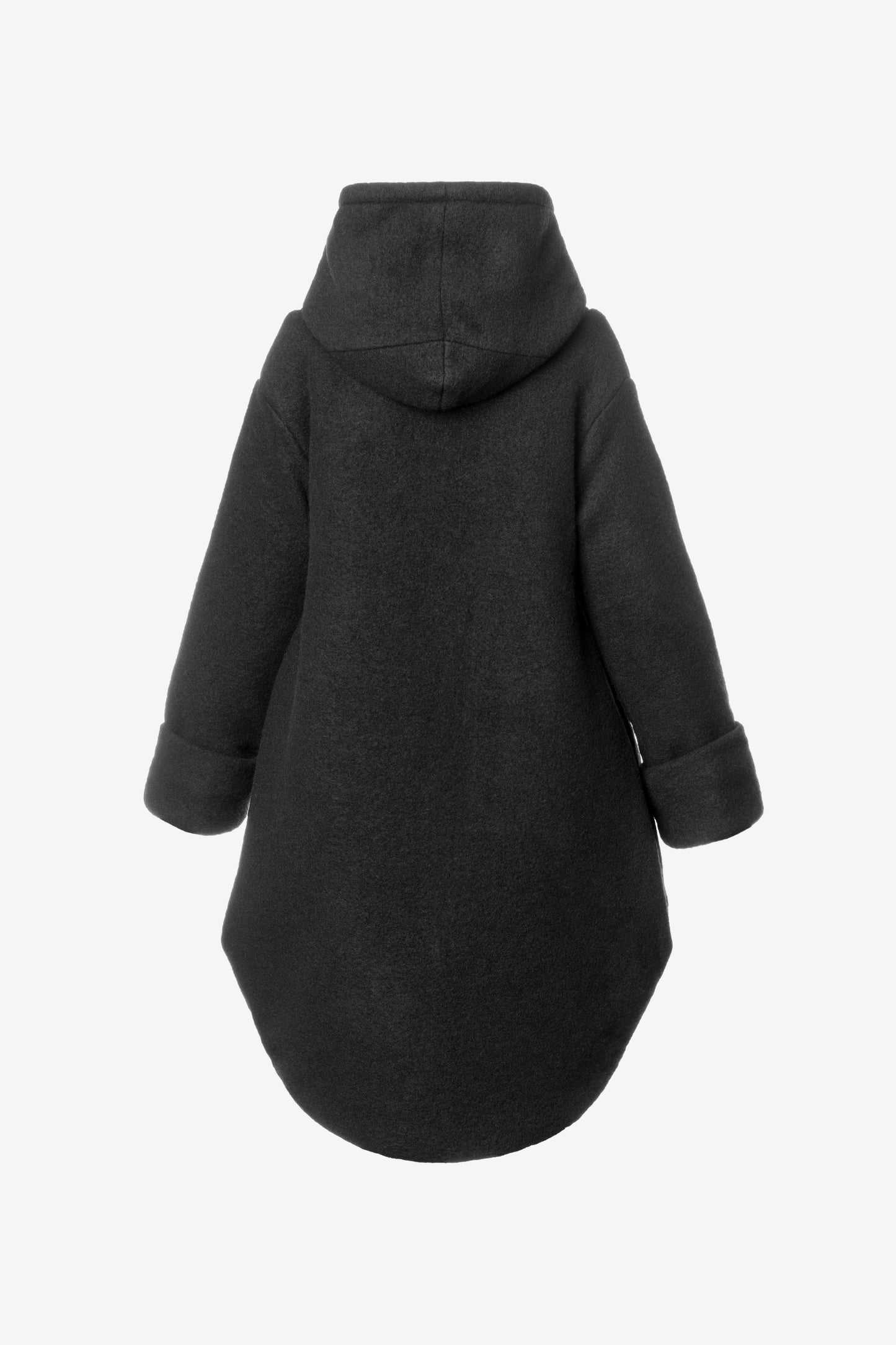 Back view of boiled wool hooded winter coat with rounded hem