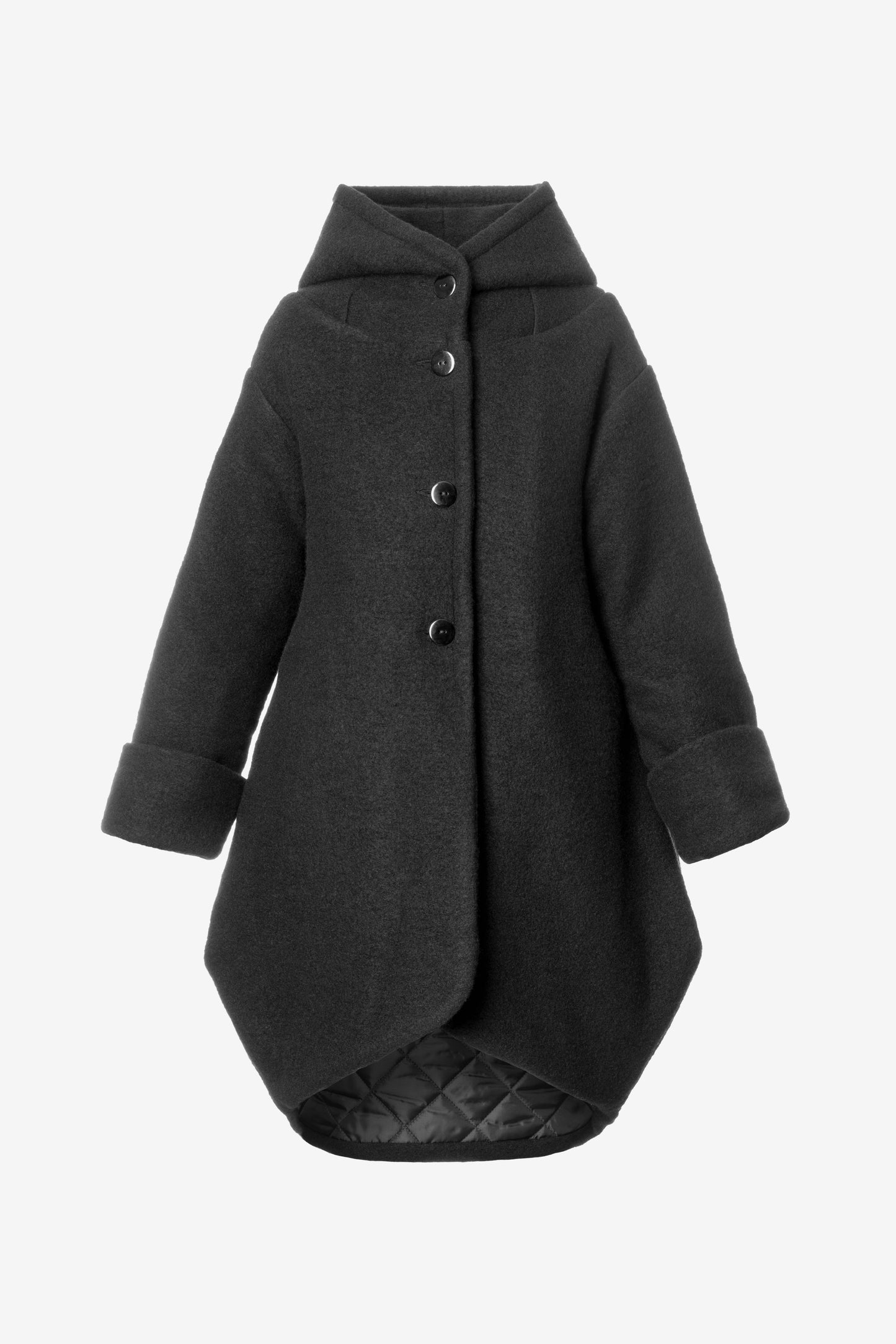 Architectural winter coat in black boiled wool by Jana Coshe