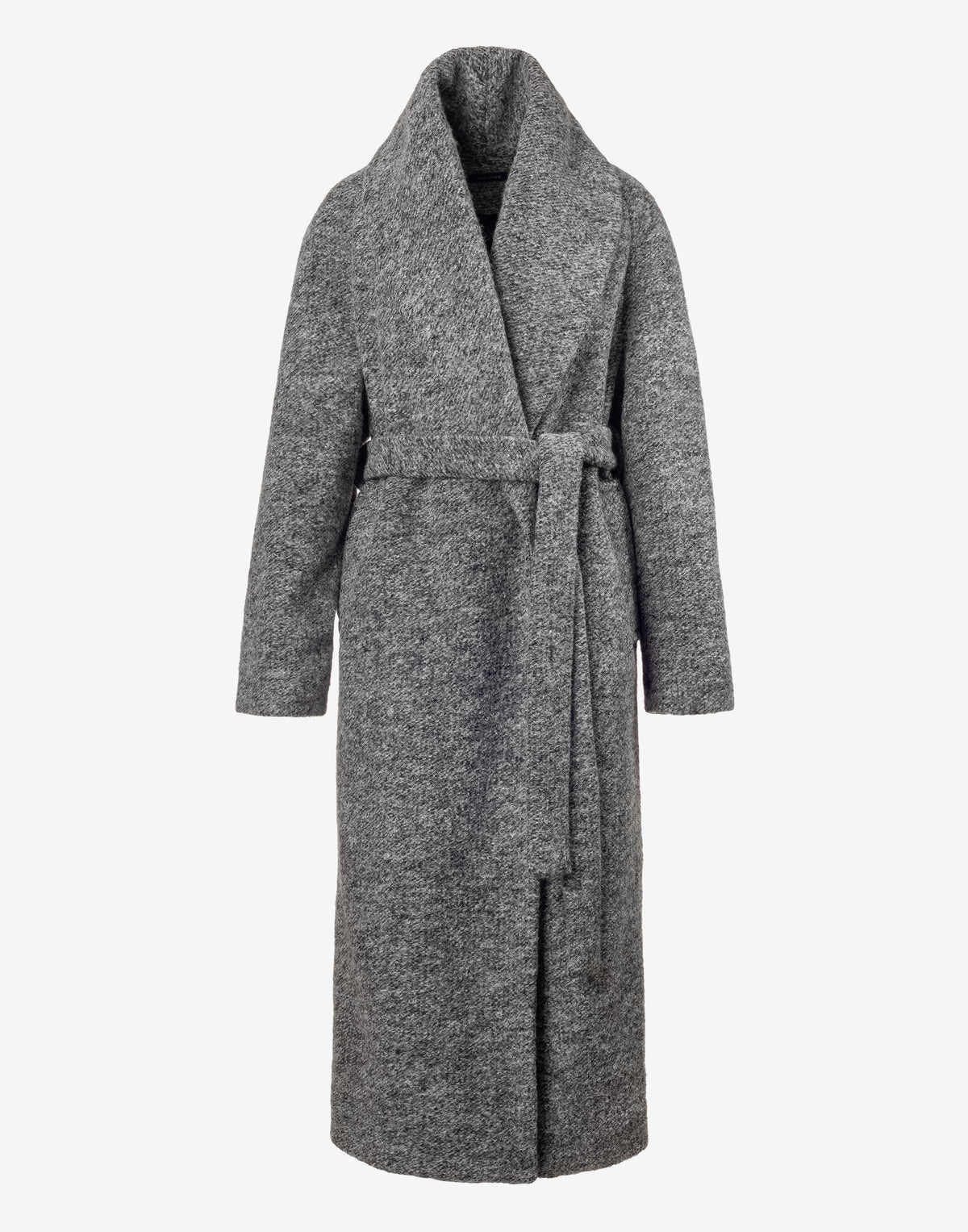 Long Grey Belted Coat with Shawl Collar – Textured Winter Wrap Coat