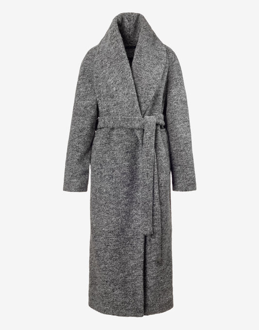 A long gray textured coat with a shawl collar and self-tie belt, shown on a plain light gray background.