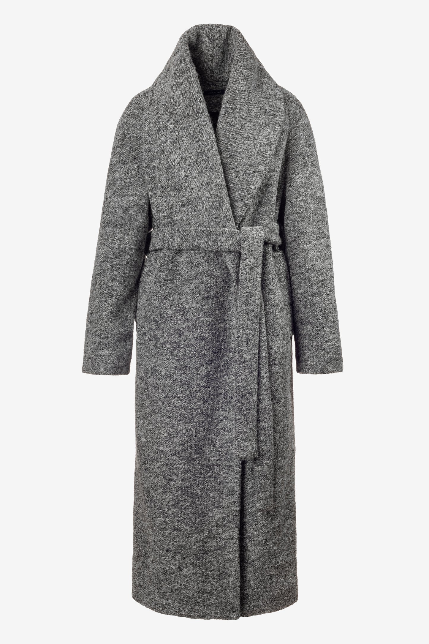 Long Grey Belted Coat with Shawl Collar – Textured Winter Wrap Coat