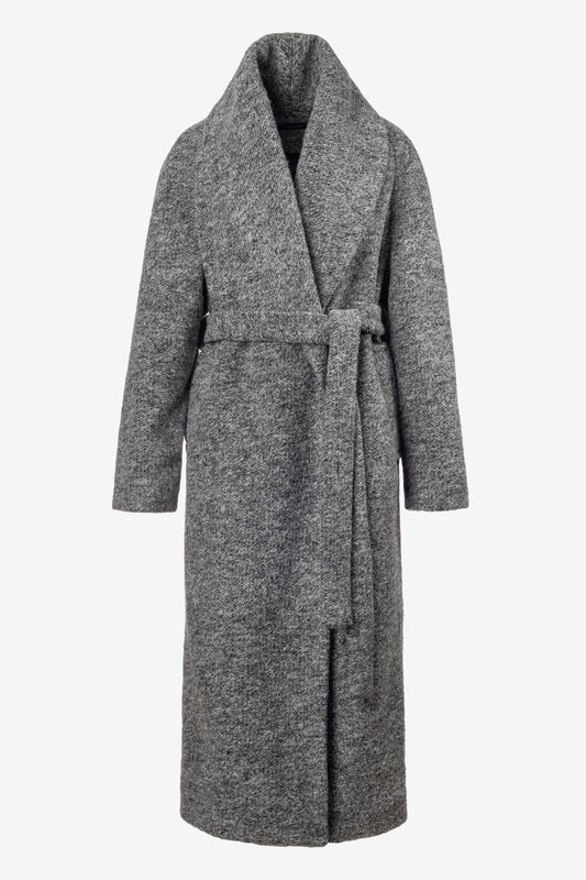Long Grey Belted Coat with Shawl Collar – Textured Winter Wrap Coat
