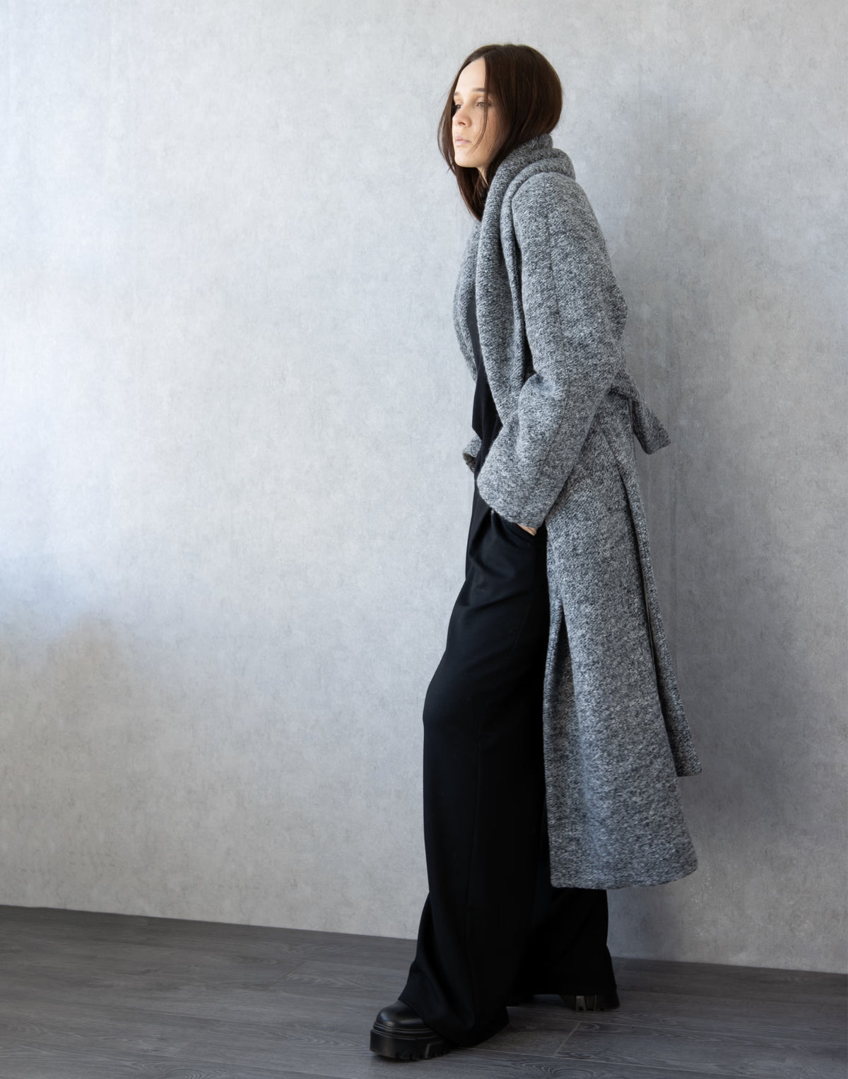 Long Grey Belted Coat with Shawl Collar – Textured Winter Wrap Coat