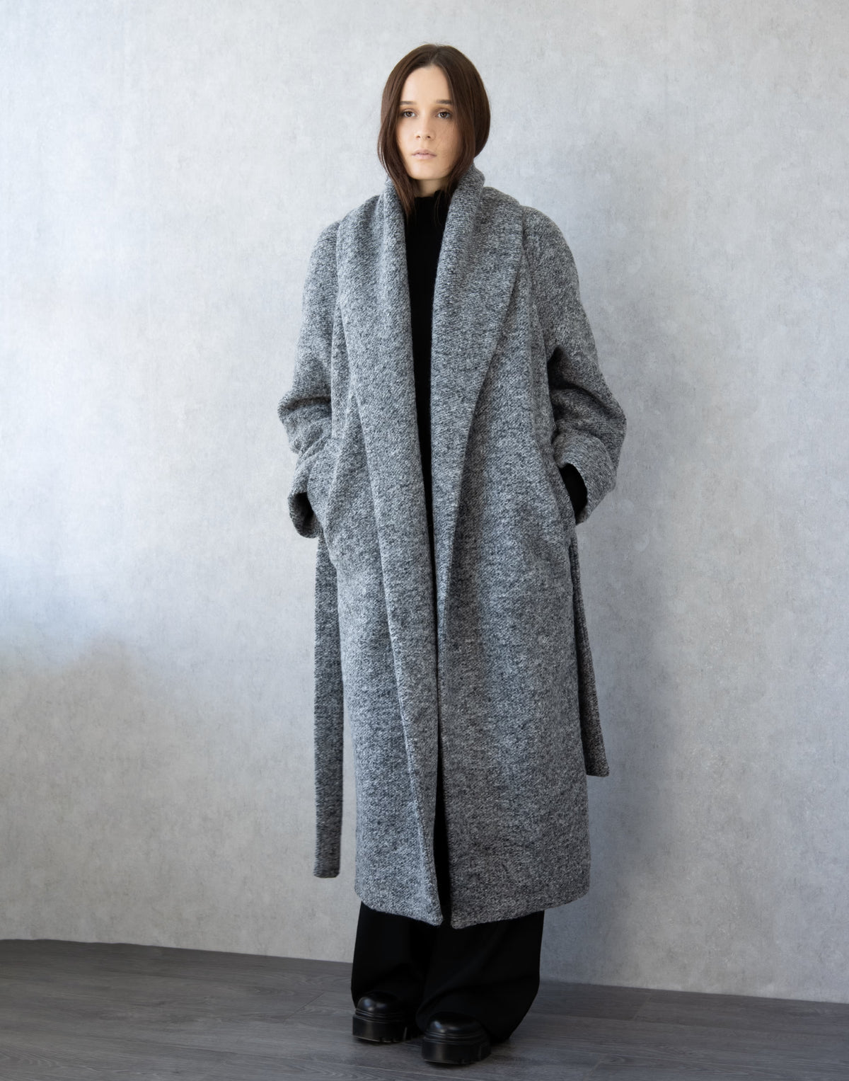 Long Grey Belted Coat with Shawl Collar – Textured Winter Wrap Coat