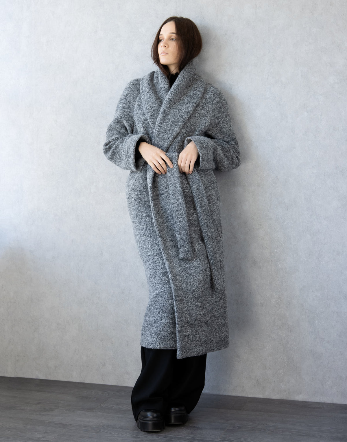 Long Grey Belted Coat with Shawl Collar – Textured Winter Wrap Coat