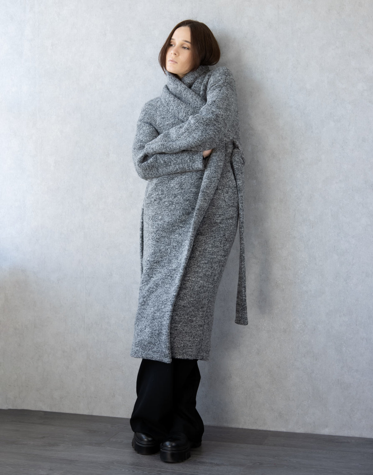Long Grey Belted Coat with Shawl Collar – Textured Winter Wrap Coat