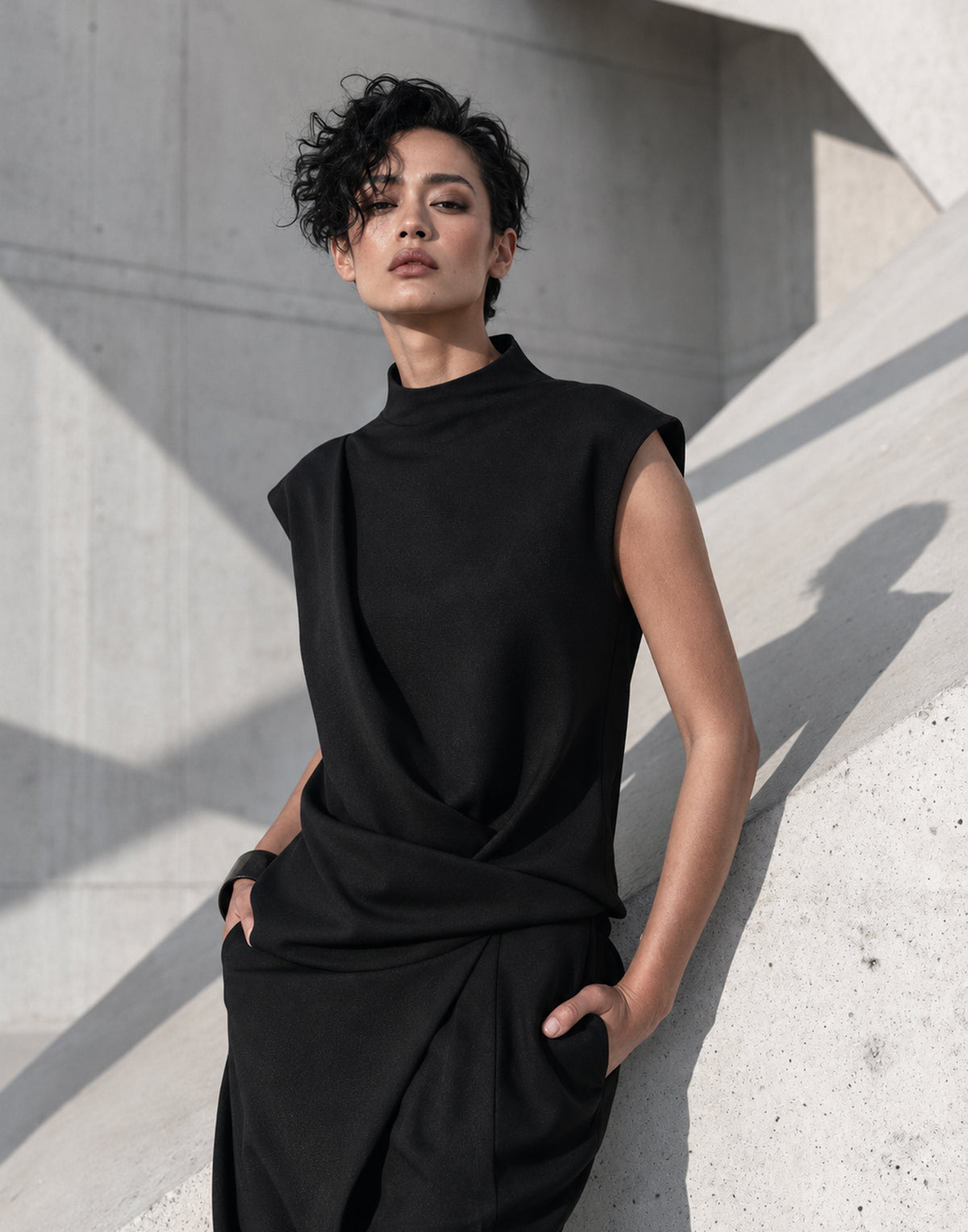 A model with short dark curly hair wearing a black sleeveless mock-neck draped top and matching black trousers, posing against a textured concrete wall with sharp geometric shadows.