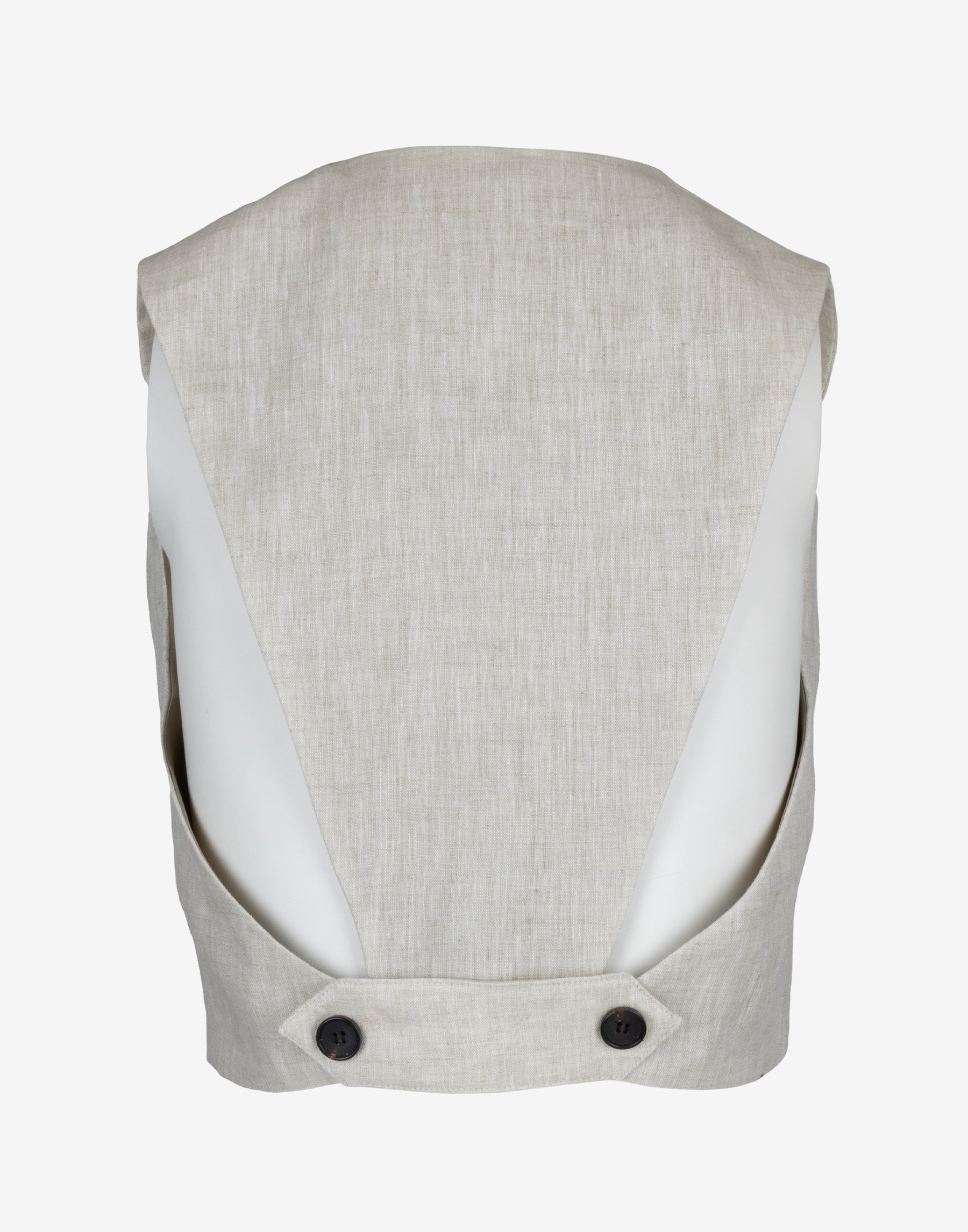 Natural linen vest with decorative back strap and horn buttons